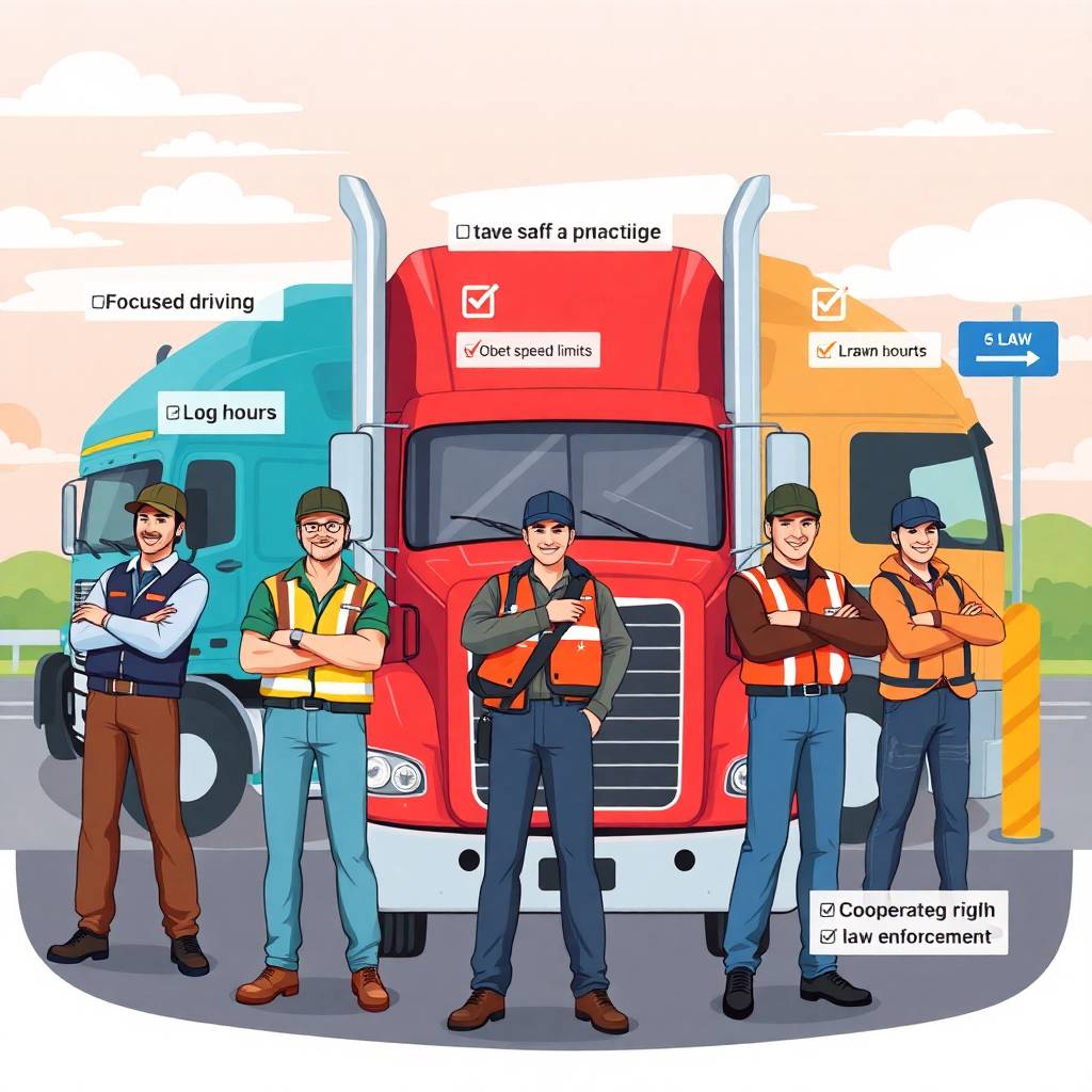 Five confident truck drivers stand in front of their trucks with safety checklists promoting best practices for Operation Safe Driver Week.