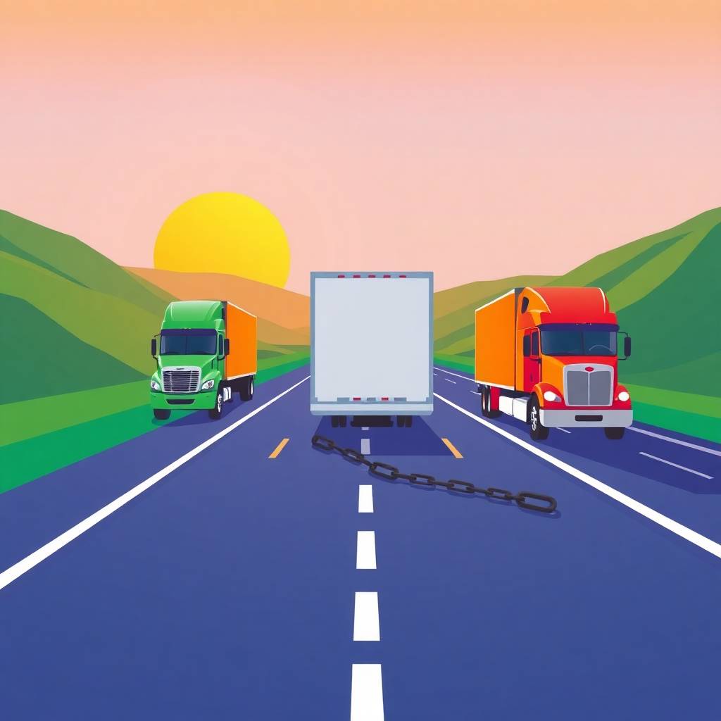 Flat vector illustration of the Small‑Fleet Deregulation Push featuring three colorful semi-trucks driving on a highway at sunset, leaving broken chains behind.