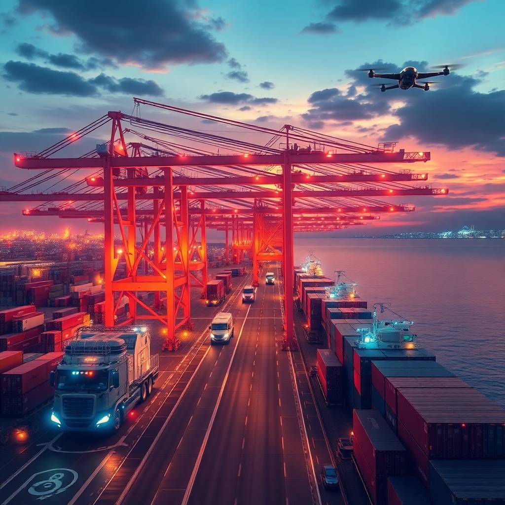 High-tech port at sunset with self-driving trucks, automated cranes, and AI drones powered by Smart Ports and 5G