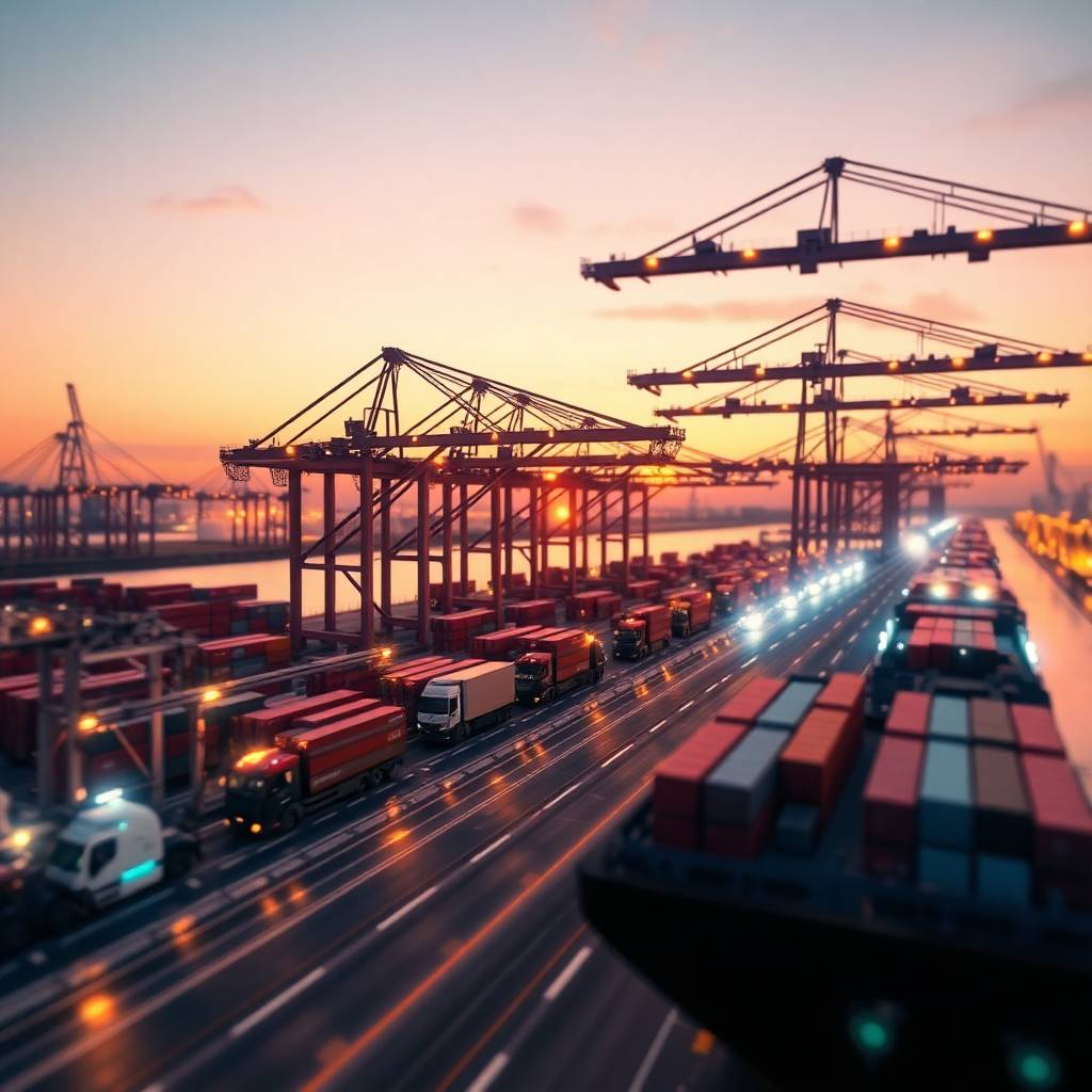 Sunset view of a futuristic container terminal with autonomous trucks and cranes powered by Smart Ports and 5G