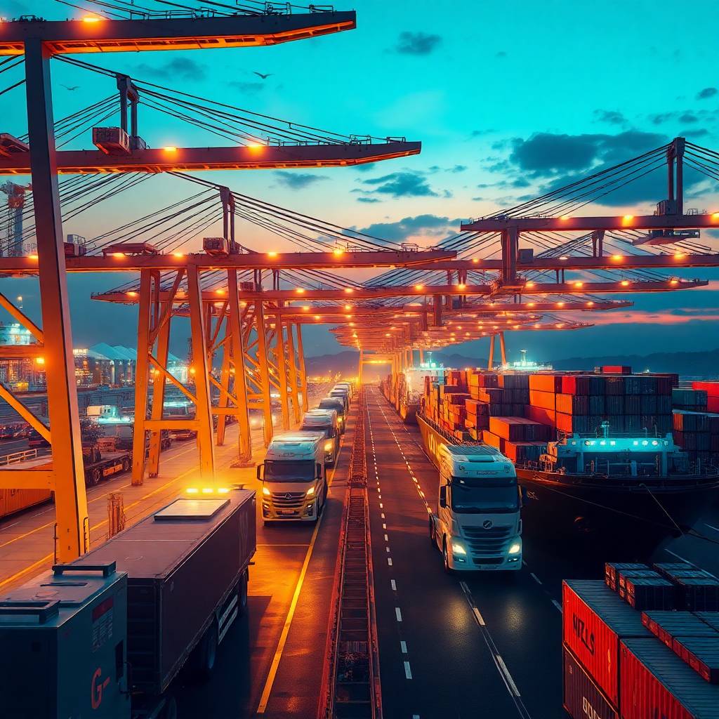 Evening view of a hyper-connected freight terminal featuring autonomous trucks and Smart Ports and 5G infrastructure