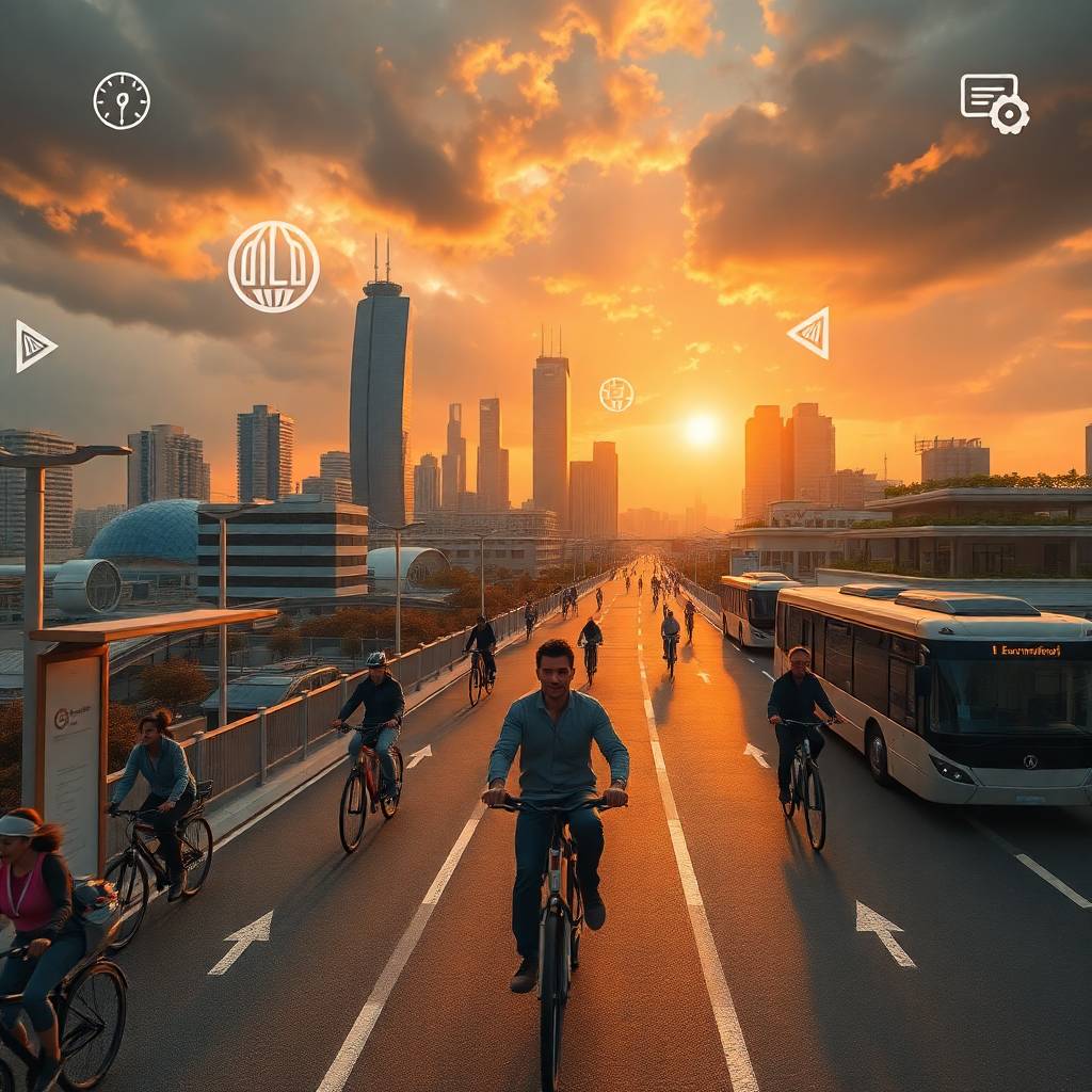 Cyclists in a futuristic city at sunset showcasing Urban and Micromobility in smart lanes