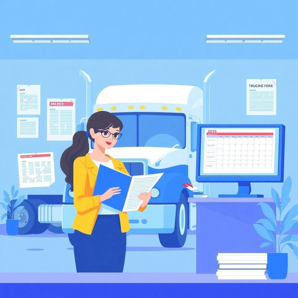 Compliance officer reviewing DOT Violations 2025 checklist in modern trucking office
