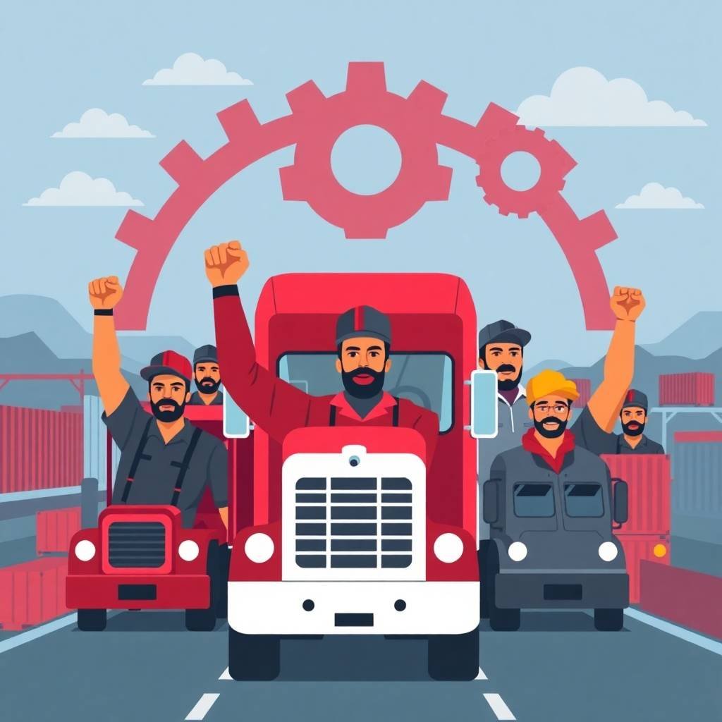 Flat illustration of Trucking Labor Activism with truck drivers raising fists in front of semi-trucks and gears.