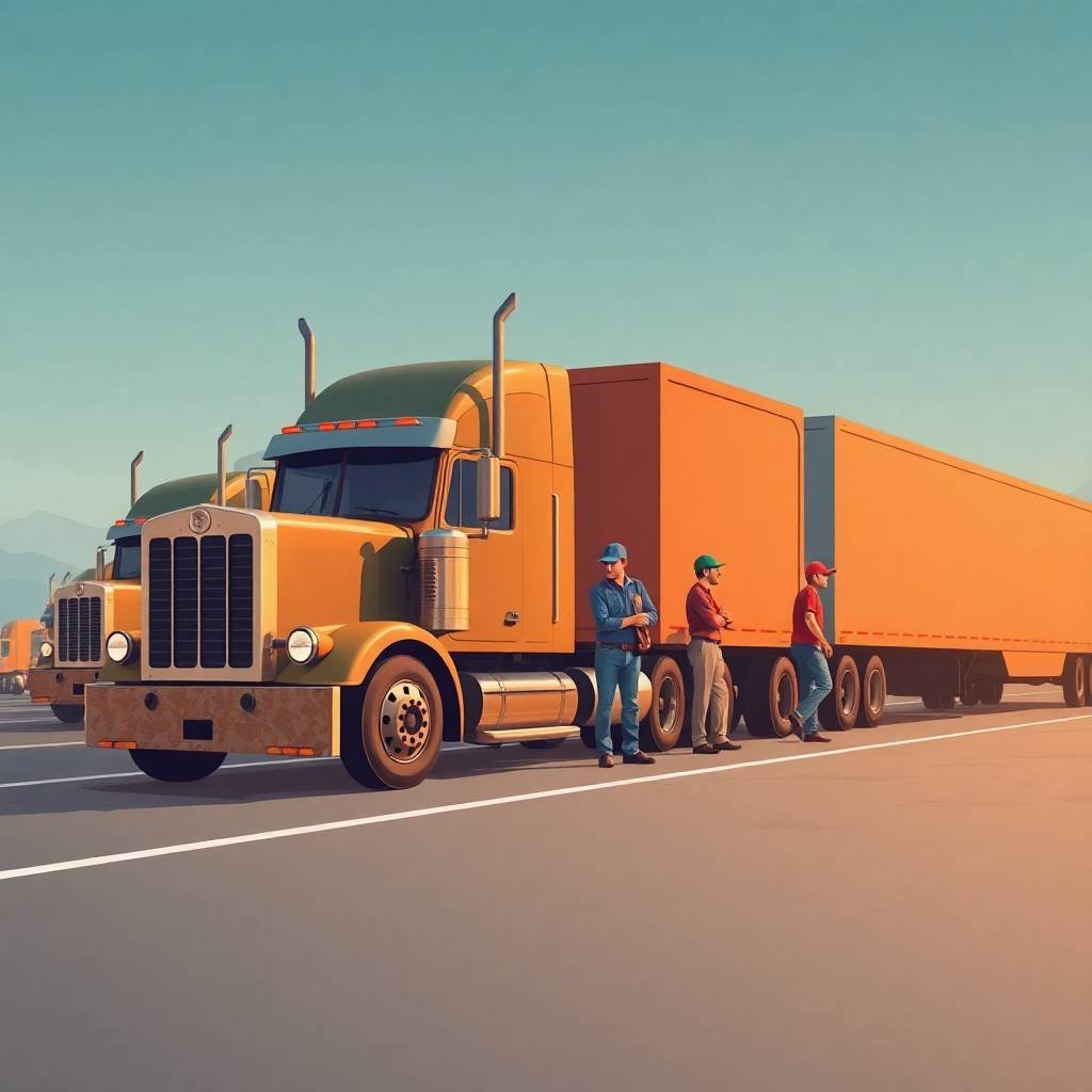 Truck drivers standing beside parked semi-trucks, symbolizing Trucking Labor Activism.