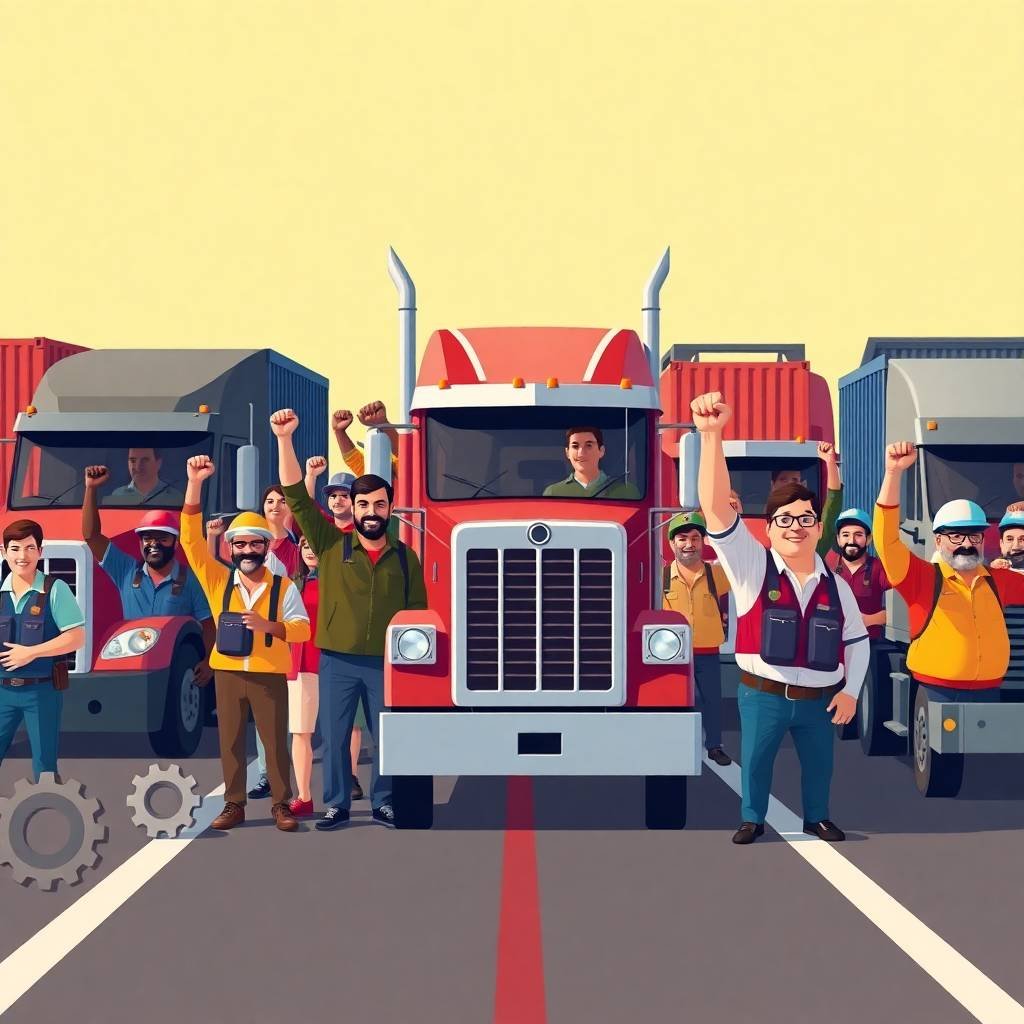 Flat illustration showing Trucking Labor Activism with diverse drivers standing united in front of semi-trucks.