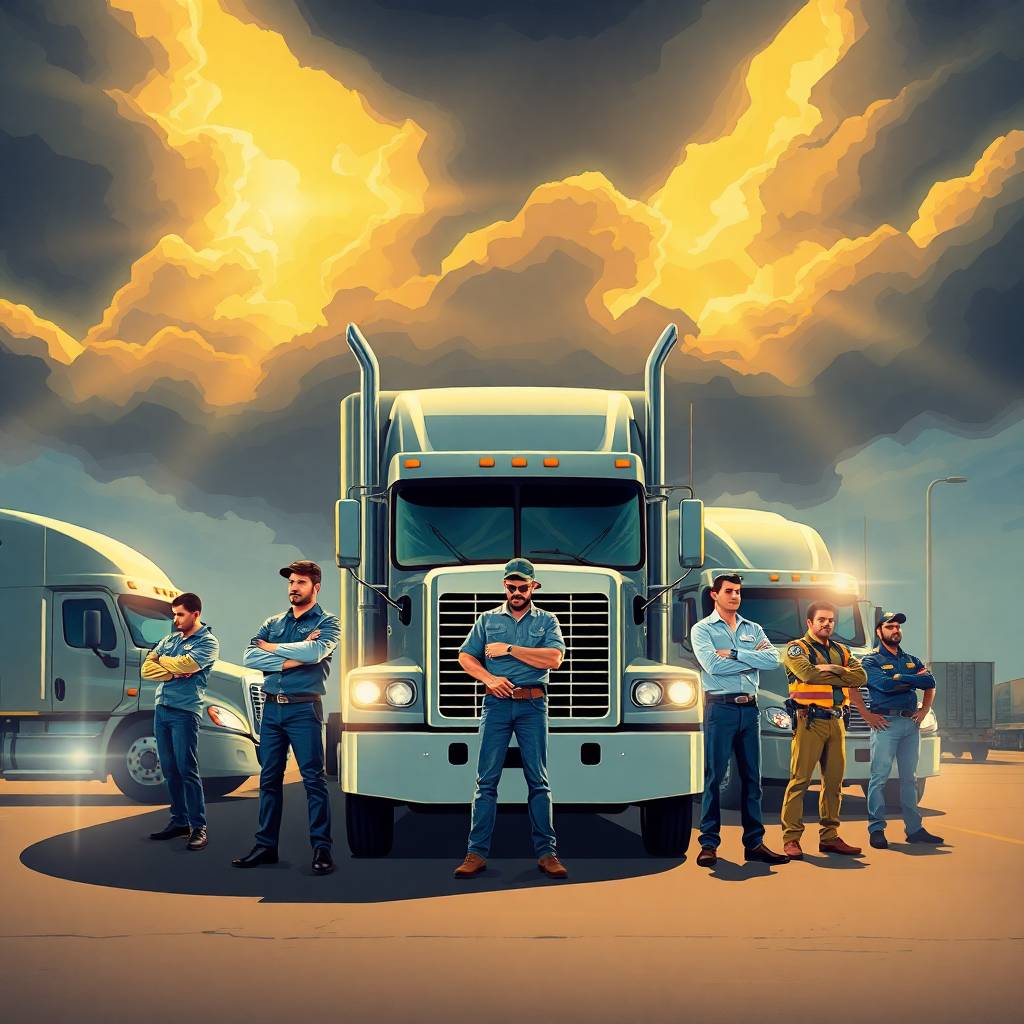 UPS Corporate Restructure portrayed through strong truck drivers standing in front of semis, symbolizing workforce resilience and uncertainty