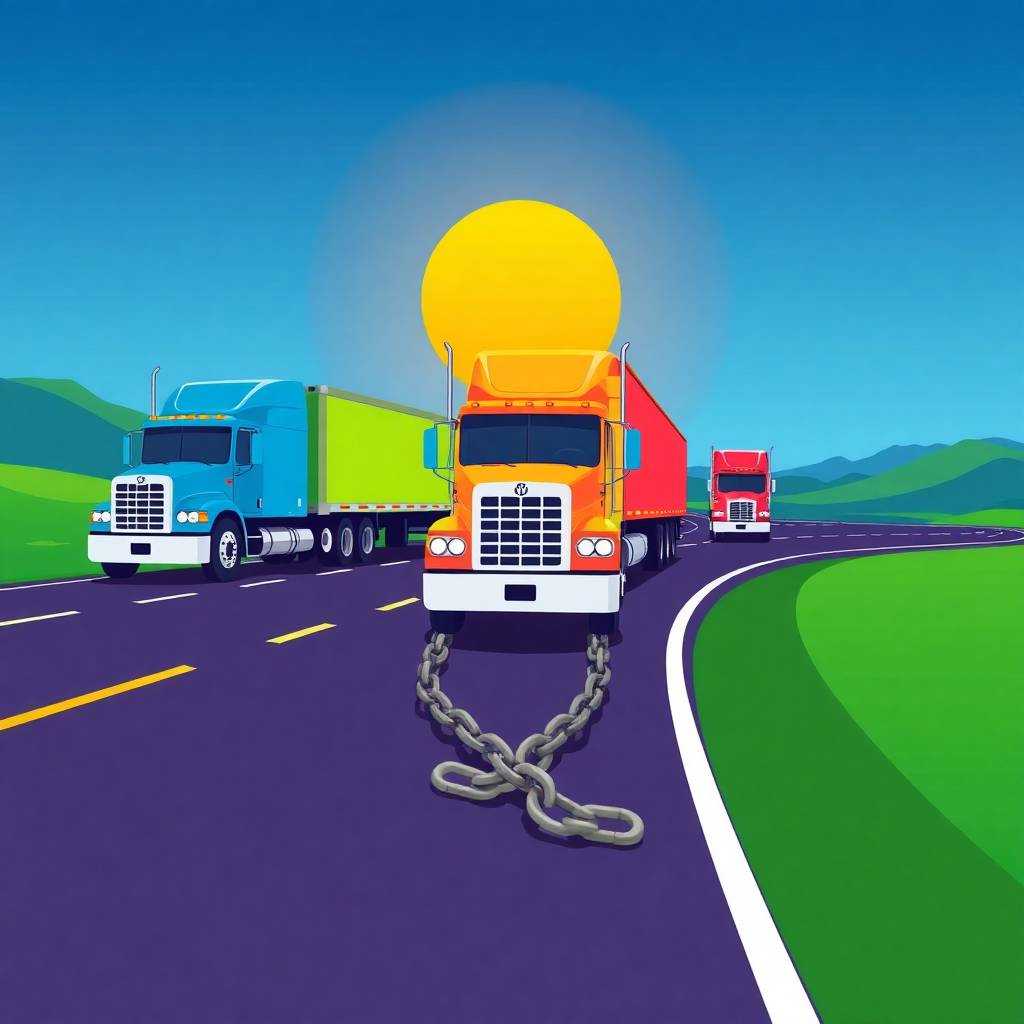UPS Corporate Restructure illustrated by colorful trucks breaking chains on an open highway, symbolizing operational struggles and changes