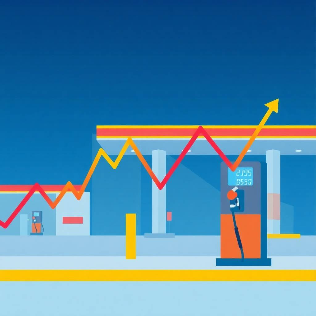UPS Corporate Restructure illustrated through a clean, flat-style graphic of a gas station with a fuel price chart line rising sharply