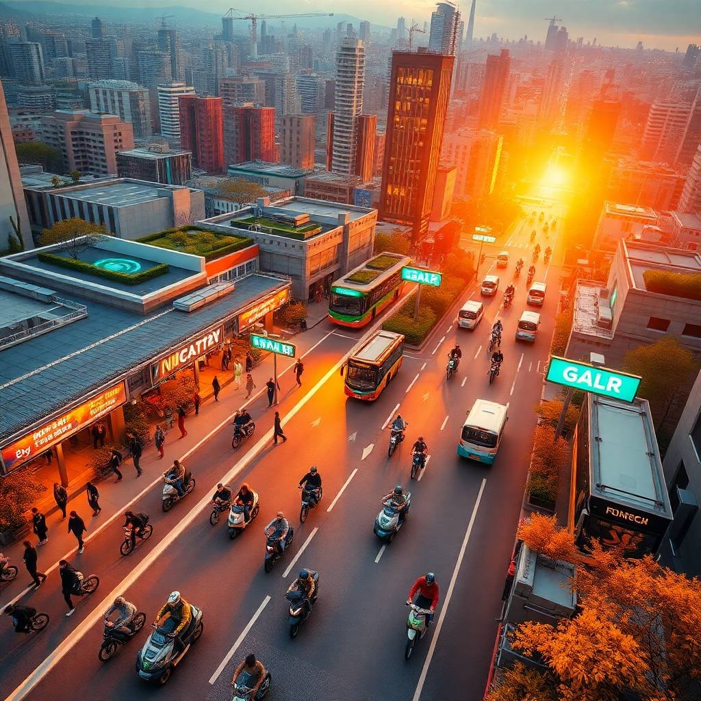Overhead view of futuristic city with smart lanes and diverse riders showcasing Urban and Micromobility