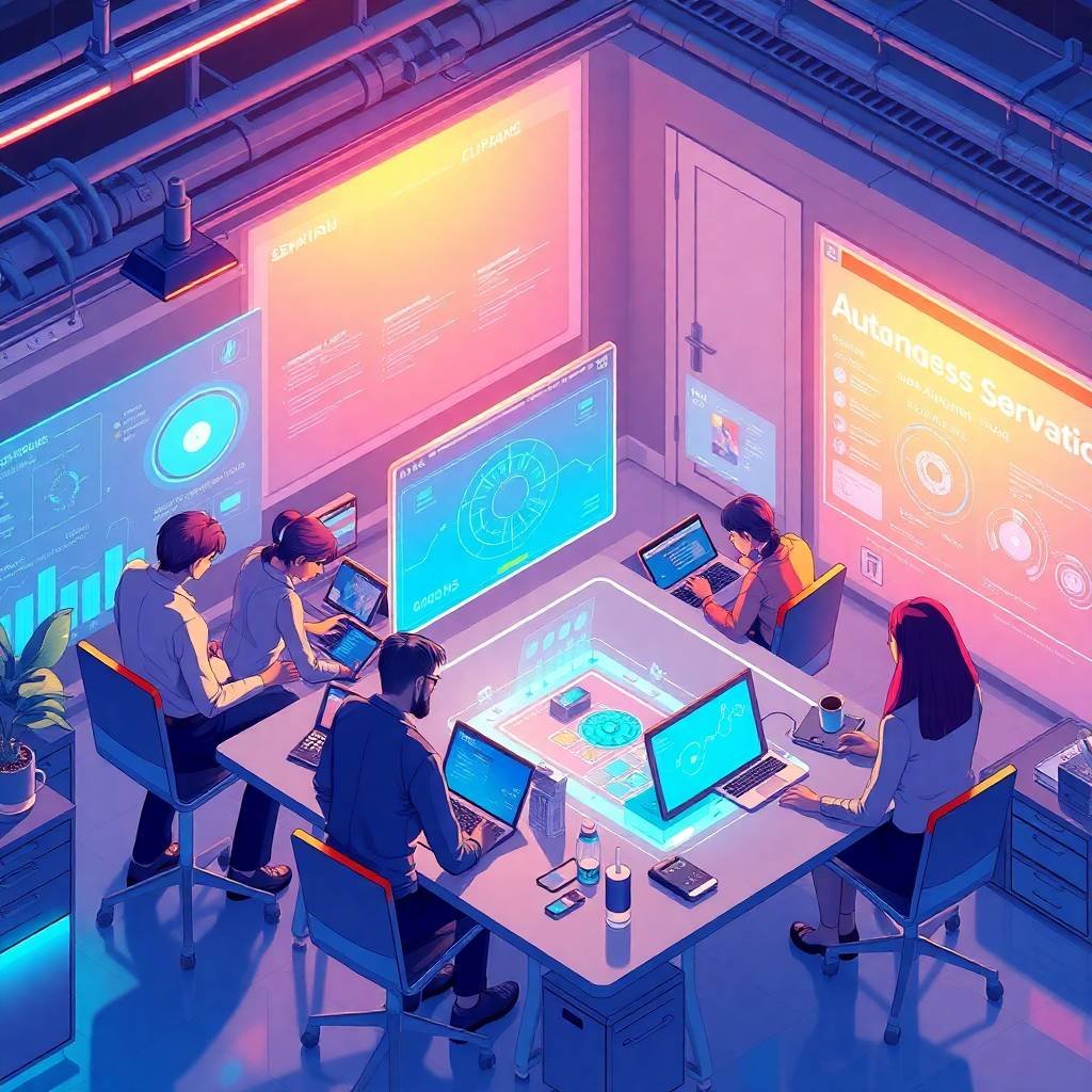 Team of professionals in an anime-style workspace collaborating with AI Business Automation Services on glowing digital dashboards.