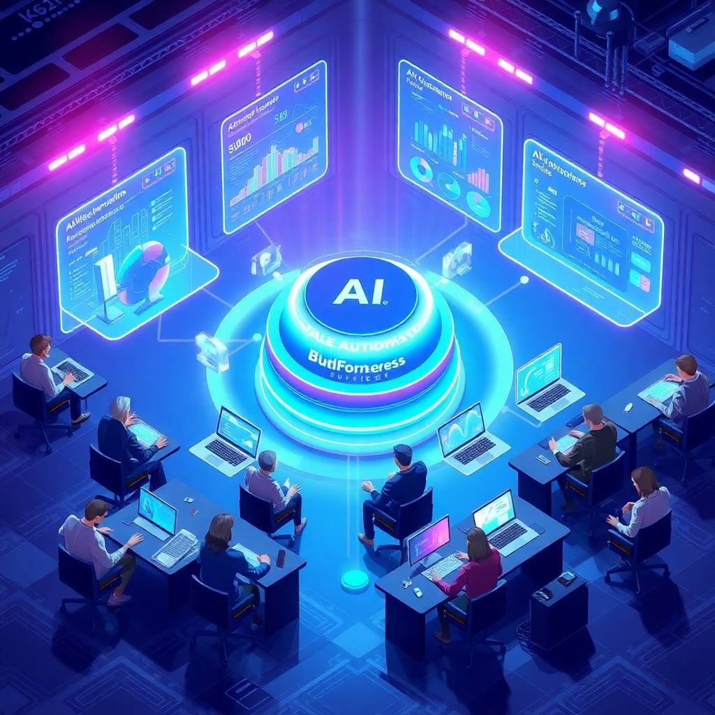 Enterprise control room with professionals using AI Business Automation Services to monitor data dashboards and automation tools.