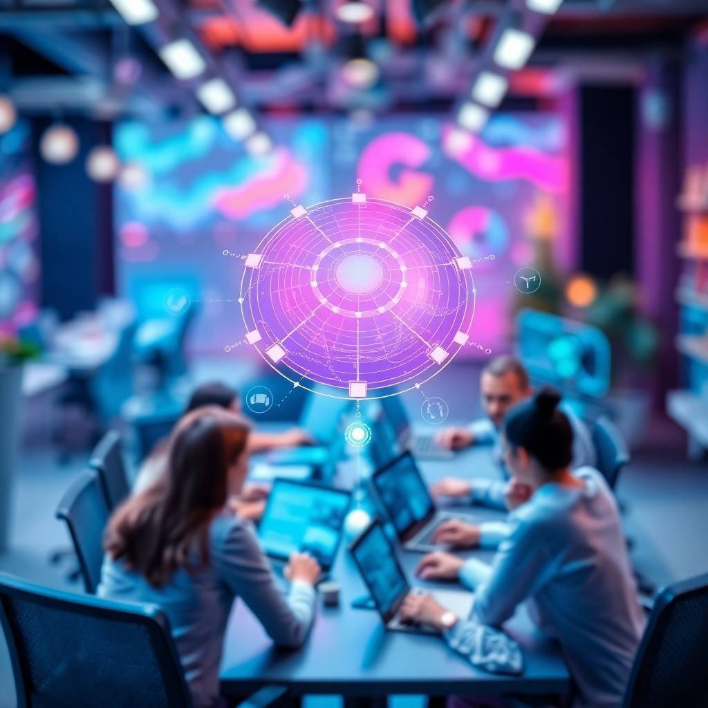 Professionals working together in a futuristic office using AI Business Automation Services with a glowing central data interface.