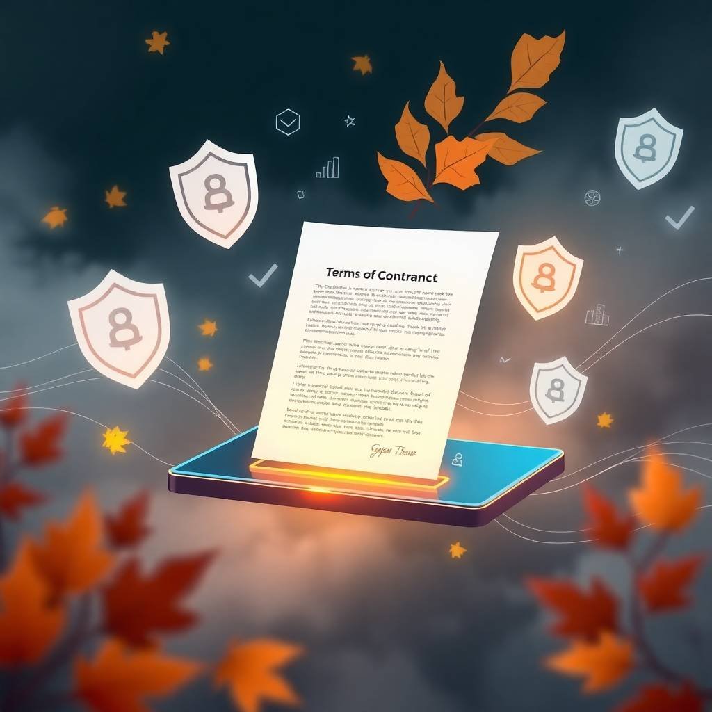 Autumn-themed digital artwork depicting a glowing terms of service document on a tablet with floating shield icons and leaves.