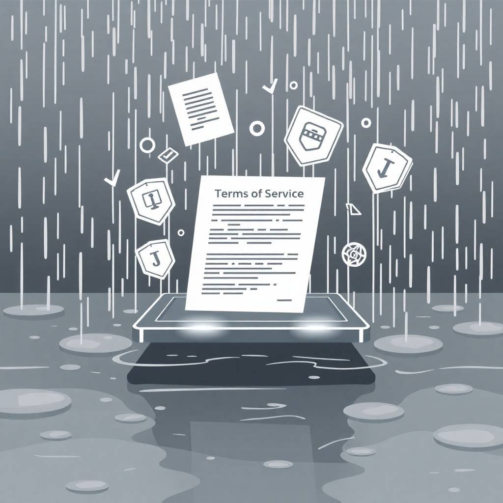 Black and white digital art of floating terms of service document in a rainy tech environment