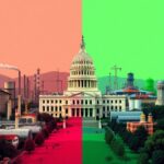 Illustration of California Emissions Politics showing the state capitol divided between industrial pollution and green energy progress.