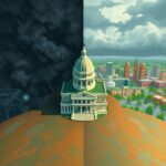 Flat-style illustration showing California Emissions Politics with the Capitol building split between stormy pollution and clear urban growth.