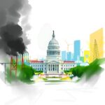Digital sketch of California Emissions Politics showing the state capitol between smokestacks and green energy infrastructure.