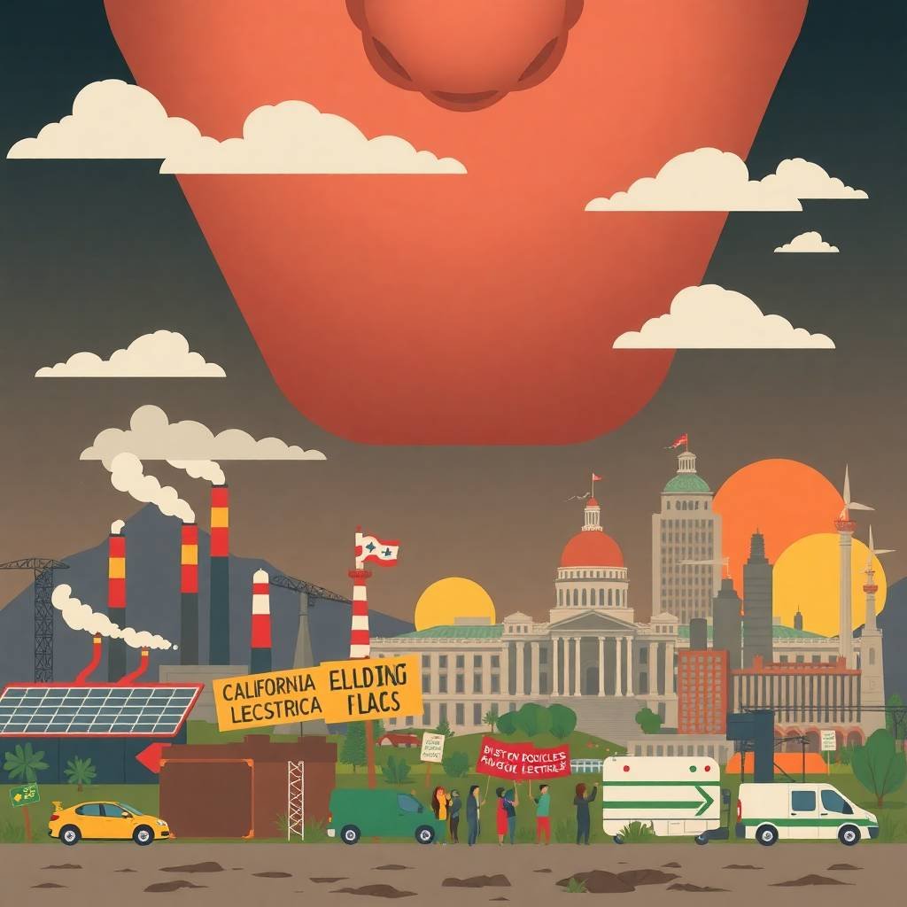 Flat-style illustration showing a political and industrial battle over California Emissions Politics, with activists, factories, and the Capitol.