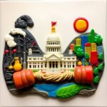 Sculptural clay art depicting California Emissions Politics with the state capitol between pollution and green energy symbols.