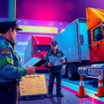 DOT officers inspect documents beside semi-trucks during a weigh station stop, visually representing CSA & Enforcement Focus.
