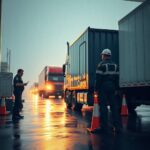 Truck inspection at a weigh station during rain, showing DOT officers ensuring CSA & Enforcement Focus compliance with tablets and safety cones.