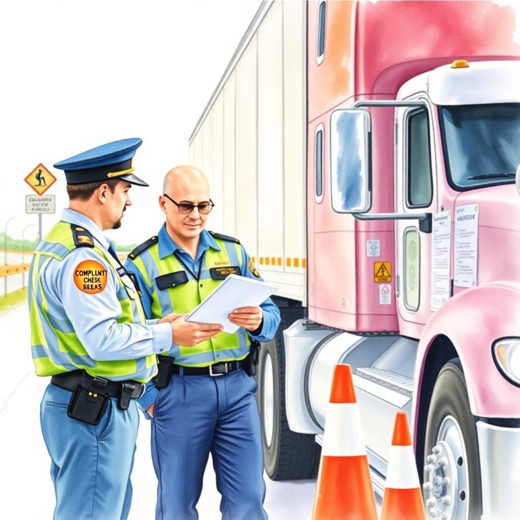 DOT officers reviewing documents during a roadside inspection, illustrating CSA & Enforcement Focus in the trucking industry.