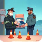 Two uniformed officers review safety documents at a weigh station, illustrating CSA & Enforcement Focus in action.