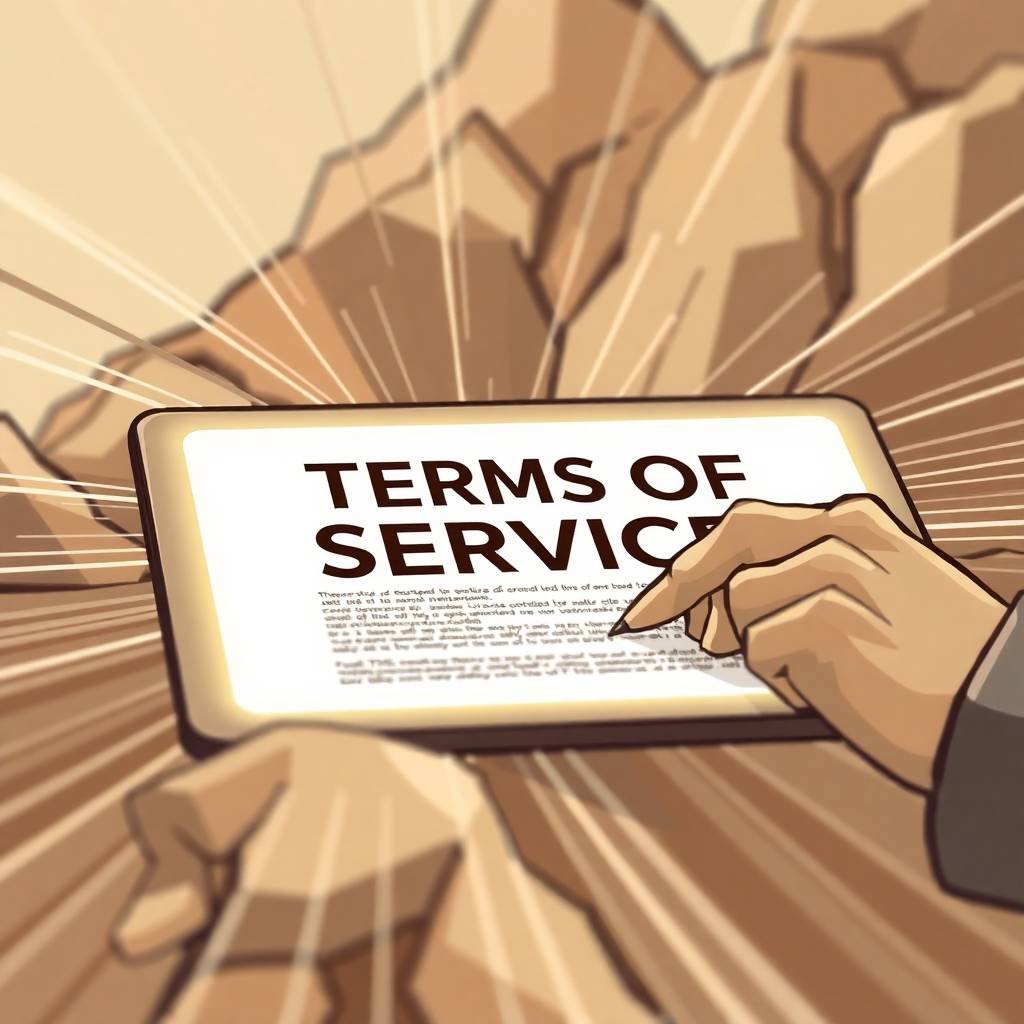 A close-up digital illustration showing a hand signing a glowing tablet displaying the terms of service.