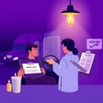 A truck driver and medical professional review FMCSA compliance updates at night under candlelight, illustrating Drug & Alcohol Testing Updates.