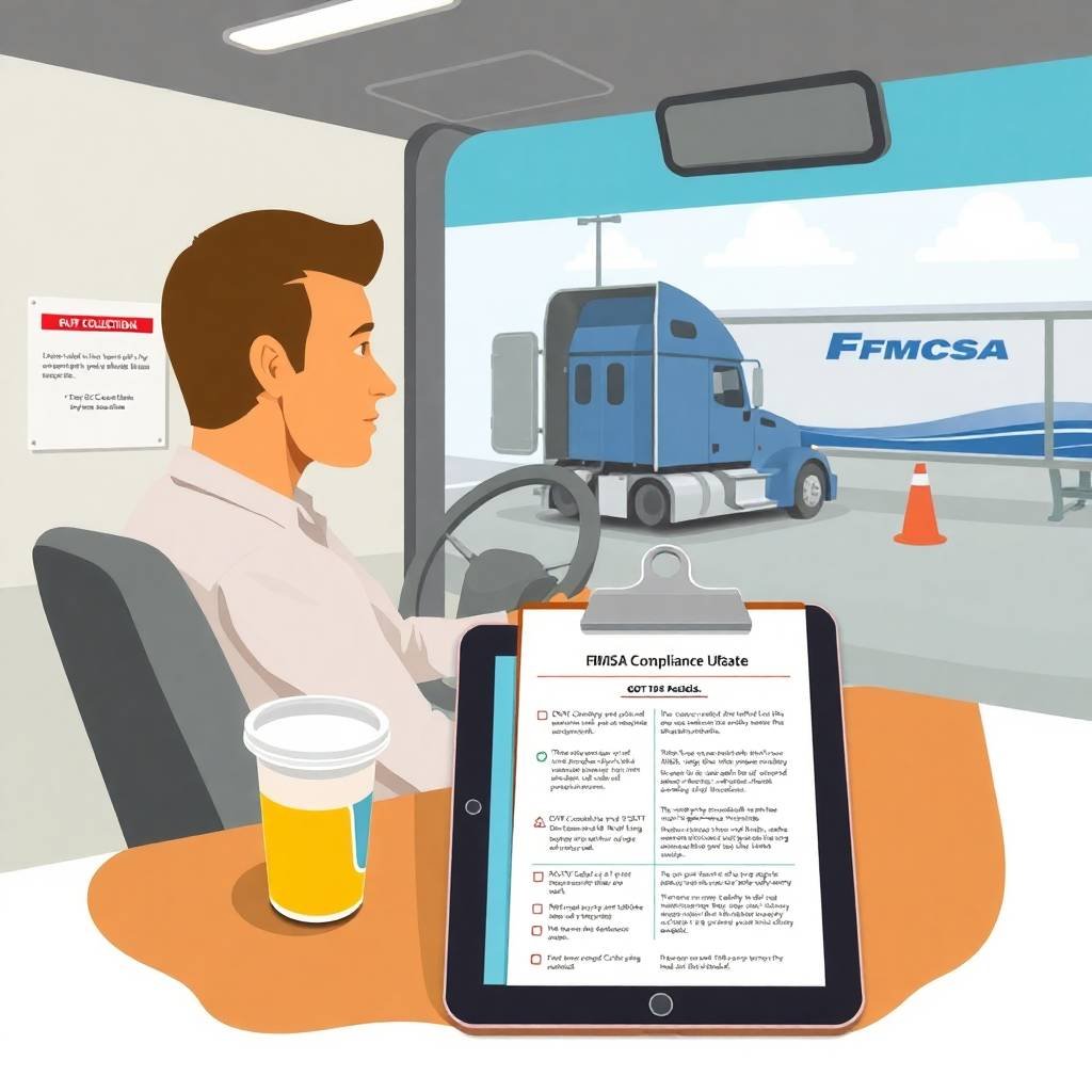 Truck driver at a modern clinic reviewing a tablet showing FMCSA compliance changes, representing Drug & Alcohol Testing Updates.