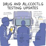 Illustrated sketchnote-style infographic showing truck drivers and FMCSA testing elements, representing Drug & Alcohol Testing Updates.