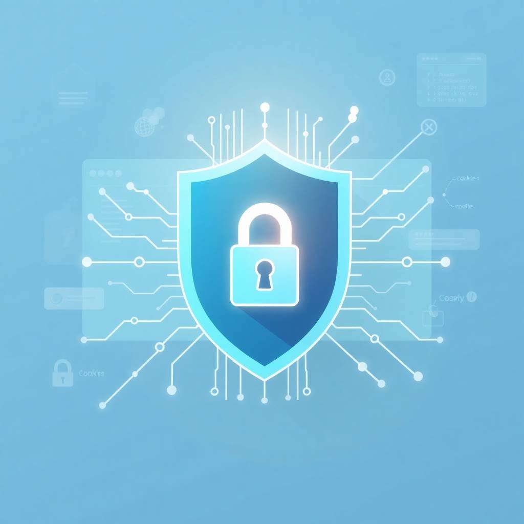 Minimalist glowing shield with a lock over circuit lines representing the Dynamic305 privacy policy and secure digital environment.