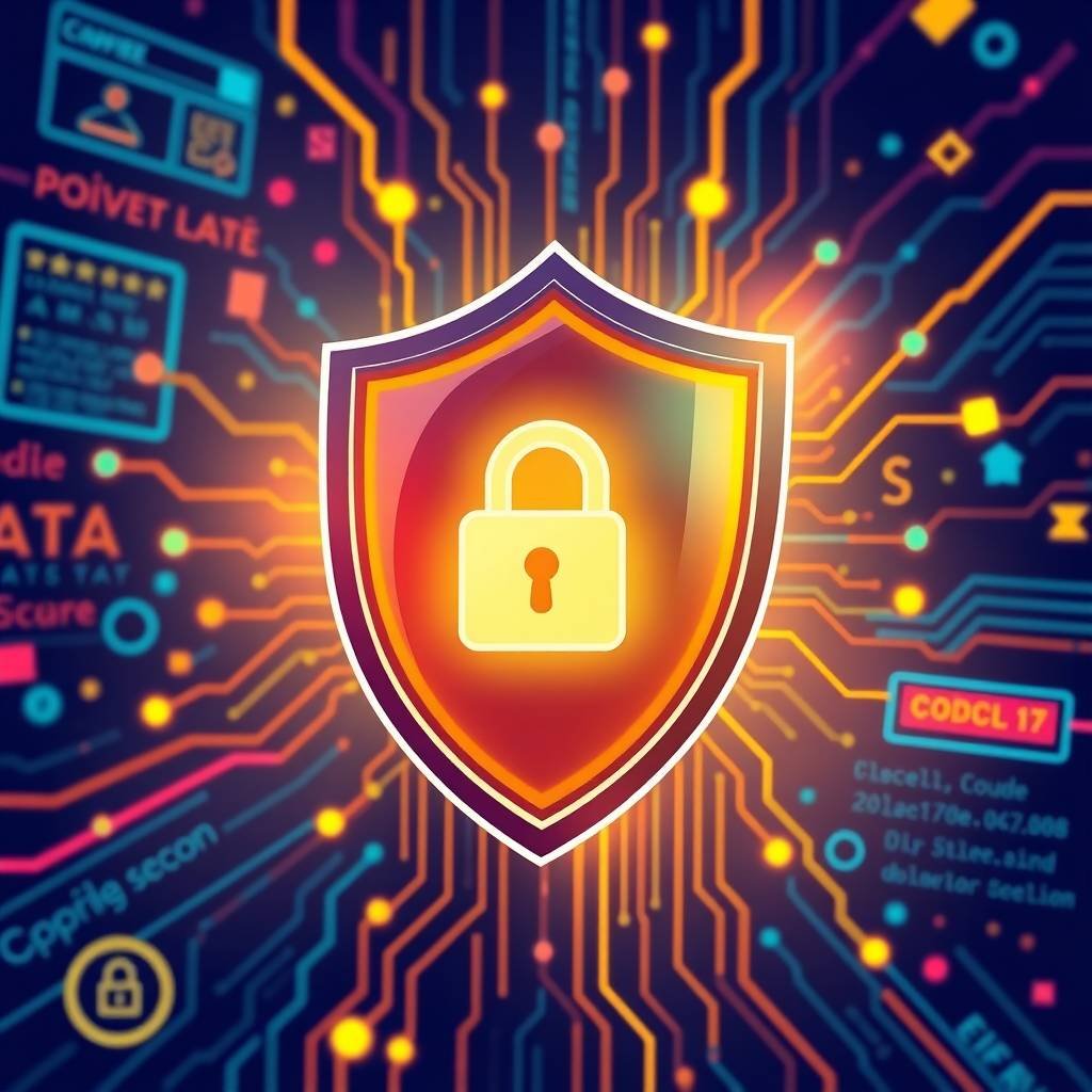 Colorful illustration showing a glowing lock inside a shield with circuit lines and web UI elements, representing Dynamic305's privacy policy.