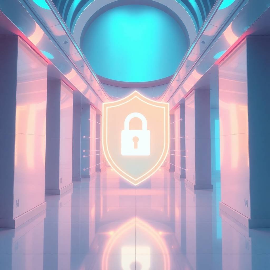 Futuristic architectural hallway with a glowing lock shield at the center, symbolizing the Dynamic305 privacy policy.