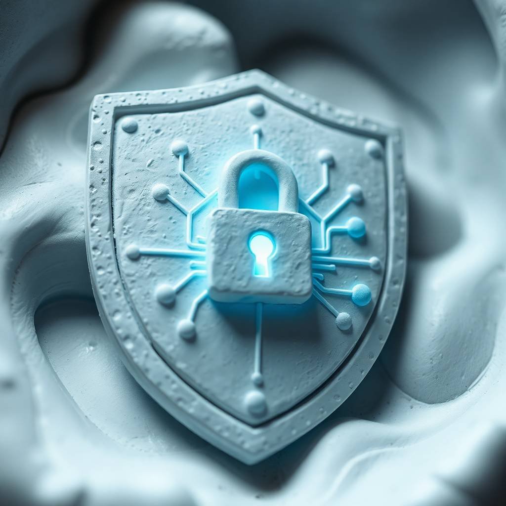 Sculpted clay-style shield and glowing lock representing the Dynamic305 privacy policy and commitment to secure data handling.