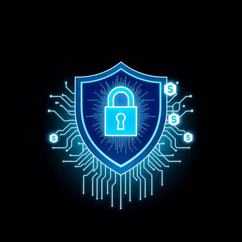 Futuristic shield and lock symbol with glowing circuit lines and dollar icons representing financial data security in Dynamic305’s privacy policy.