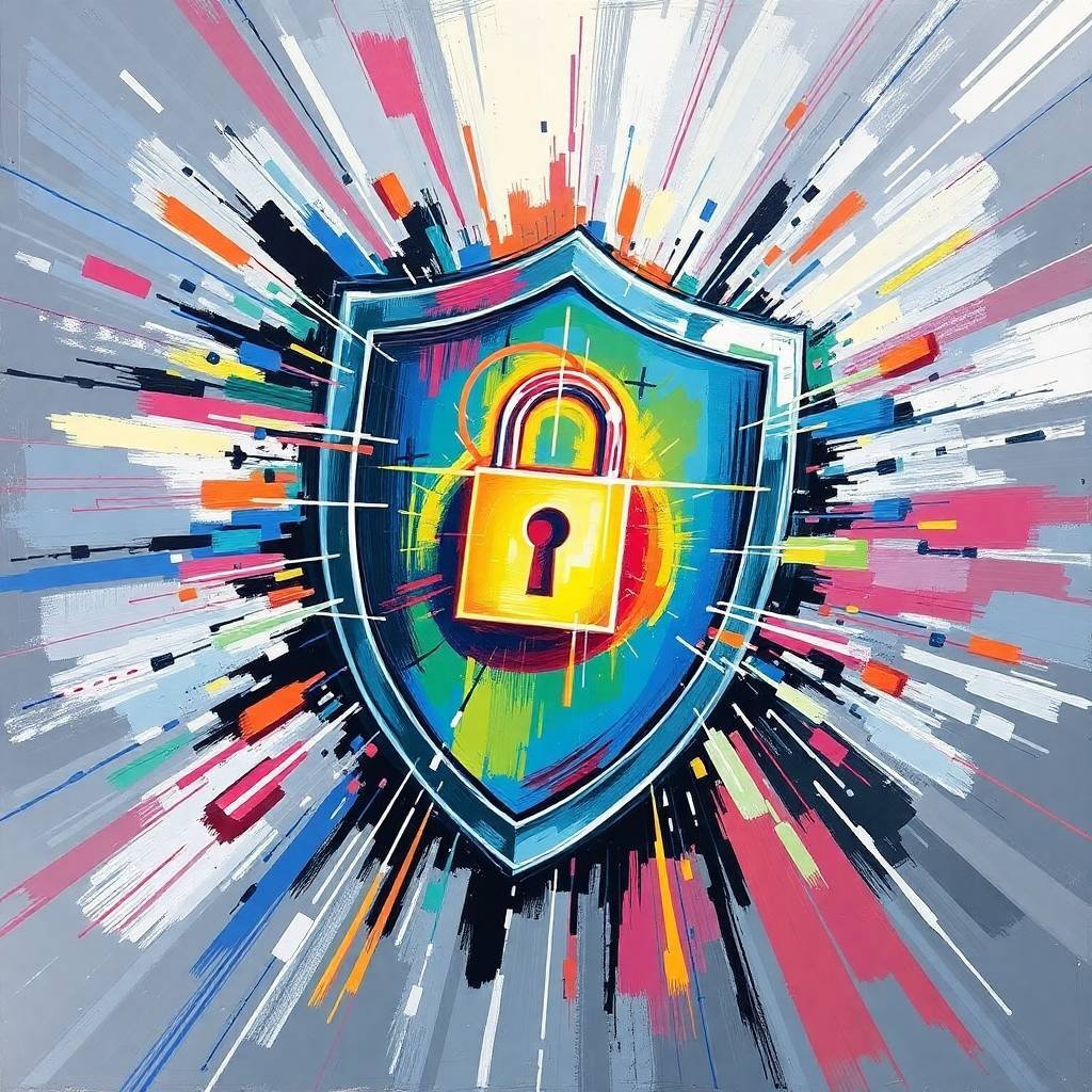 Colorful digital shield and glowing lock illustration symbolizing the Dynamic305 privacy policy in a bold artistic style.