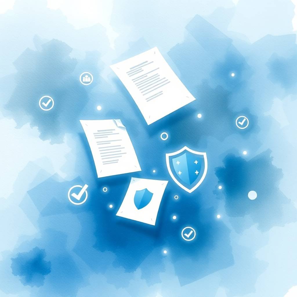 Watercolor illustration of digital legal documents and shields representing terms of service compliance.