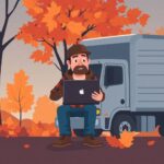 Trucker shocked at laptop in autumn setting, warning about a Freight Double-Broker Scam.