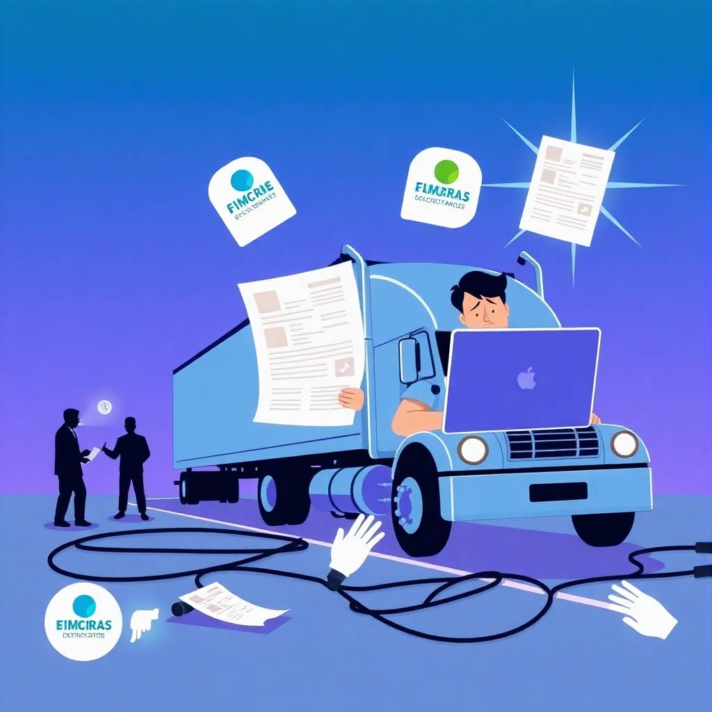 Frustrated truck driver at laptop amid the chaos of a Freight Double-Broker Scam, surrounded by mismatched broker logos, duplicate documents, and disconnected cables.