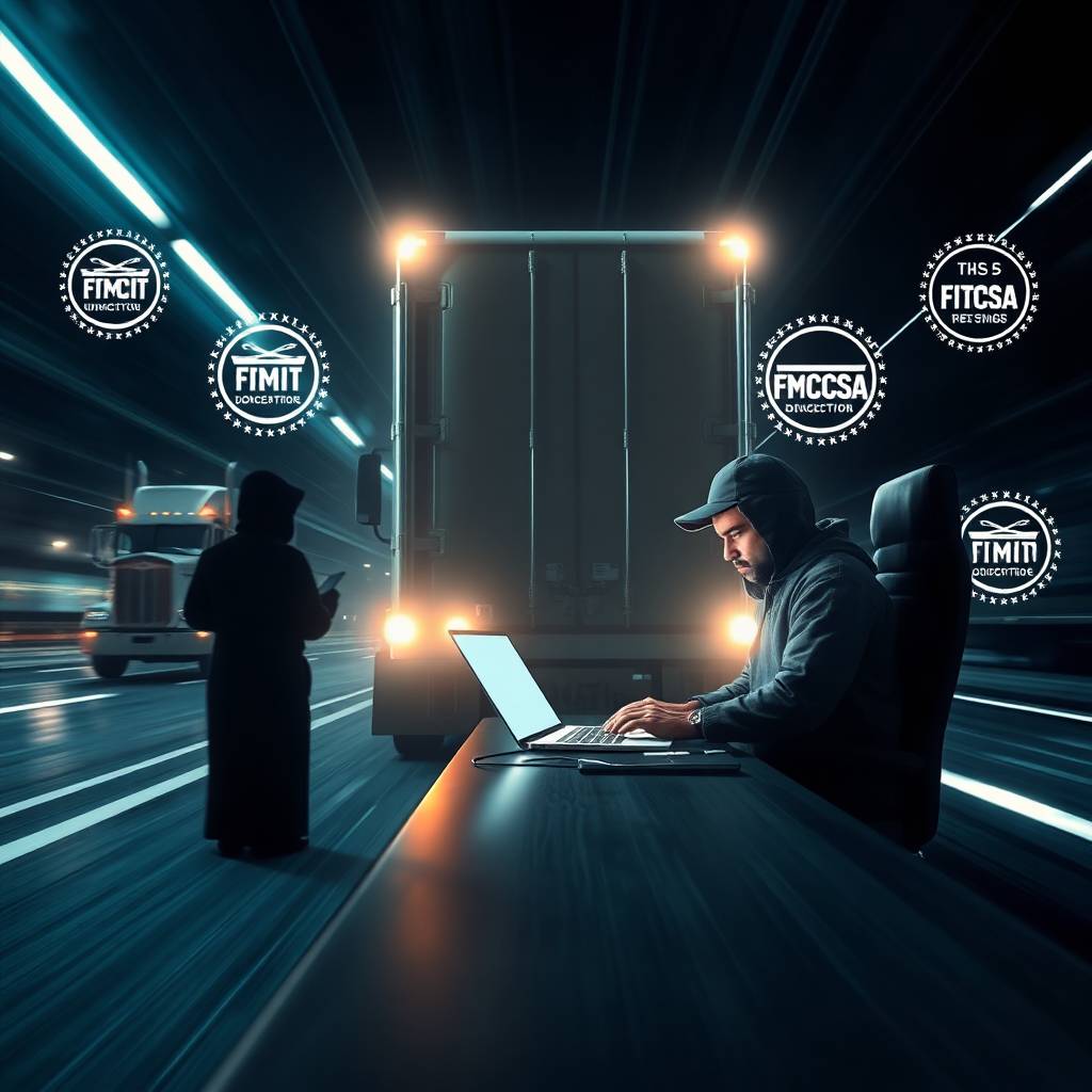 Hooded scammer on laptop exploiting a Freight Double-Broker Scam while trucks move in the background with fake regulatory seals floating around.