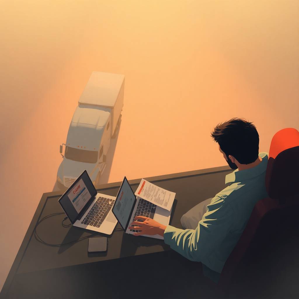 Freight Double-Broker Scam illustrated with a high-angle view of a driver managing duplicate documents and multiple laptops.