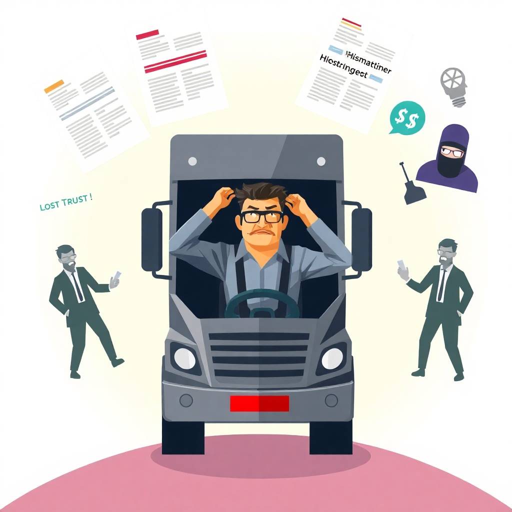 Frustrated truck driver trapped in a Freight Double-Broker Scam surrounded by suspicious documents, shady brokers, and disconnected logistics.