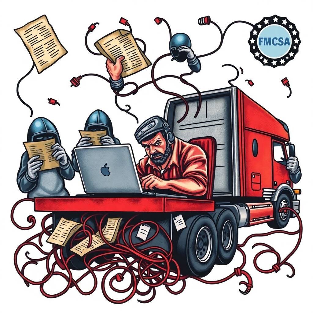 Illustration of a truck driver overwhelmed by a Freight Double-Broker Scam, surrounded by hackers, tangled wires, and fraudulent paperwork.