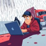 Illustration of a trucker shocked at his laptop under rain, symbolizing vulnerability in a Freight Double-Broker Scam.