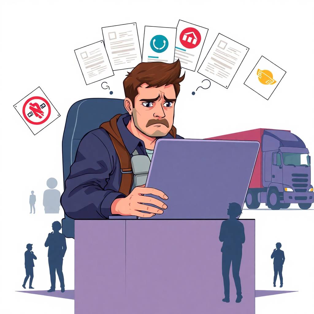 Freight Double-Broker Scam causing frustration as a truck driver reviews suspicious documents and mismatched broker logos.