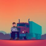 Illustration of a shocked trucker sitting on his truck’s bumper at sunset, discovering a Freight Double-Broker Scam on his laptop.