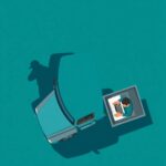 Overhead illustration of a trucker at a laptop with a shadowy hacker nearby, symbolizing a Freight Double-Broker Scam.