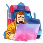 Trucker shocked while looking at laptop, discovering a Freight Double-Broker Scam.